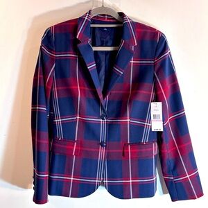 TOMMY HILFIGER Sz 10 Boston Blazer in Red and Blue Plaid Lined Shoukder Pads NEW